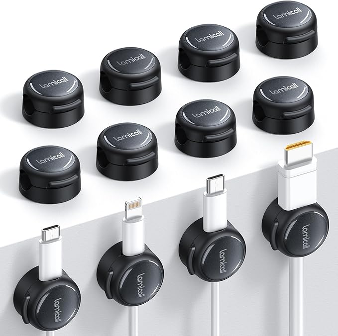 12Pack Magnetic Cord Organizer Cable Clips - Lamicall [Crystal-Clear] Desk Cable Managment for Phone Charging Cord, Adhesive Wire Holder for Home Office Nightstand, Christmas Organizer Accessories