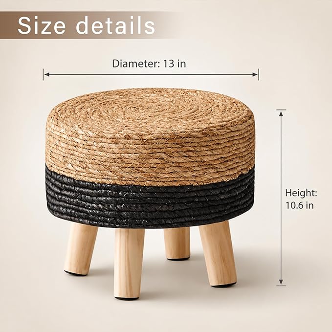 Wimarsbon Round Foot Stool Natural Seagrass Poufs Ottoman Hand Weave Footrest Stool for Couch Desk Extra Seat Step Stool with Solid Wood Legs for Hallway Patio Lounge Black