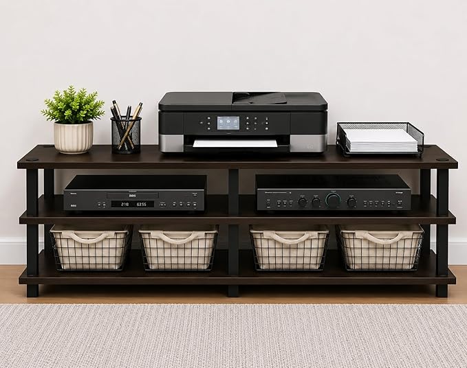 Furinno TURN-S-TUBE Toolless Assembly 3-Tier TV Stand, Entertainment Center for TV up to 46 Inch, Wide Printer Stand with Storage Shelf, for Living Room, Bedroom, Dark Brown