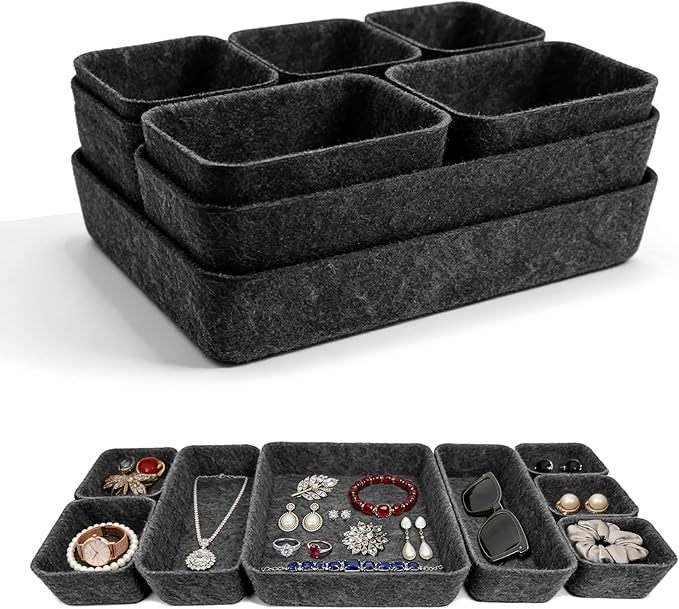 8pcs Felt Desk Drawer Organizer Tray, 4 Sizes Drawer Organizers Set for Office Supplies, Jewelry, Makeup, Cosmetics, Desk & Drawer Storage (Charcoal)