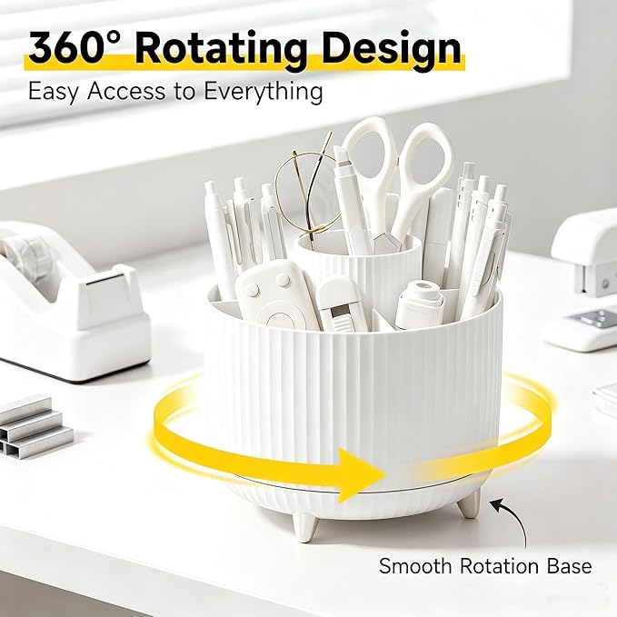 Office Supplies Rotating Pen Holder for Desk with Stapler Staple Remover, Tape Dispenser,2pcs Tape Refills, Binder Paper Clips Kit, Scissor,Pen, Ruler & Sticky Tabs,White Office School Supplies(White)