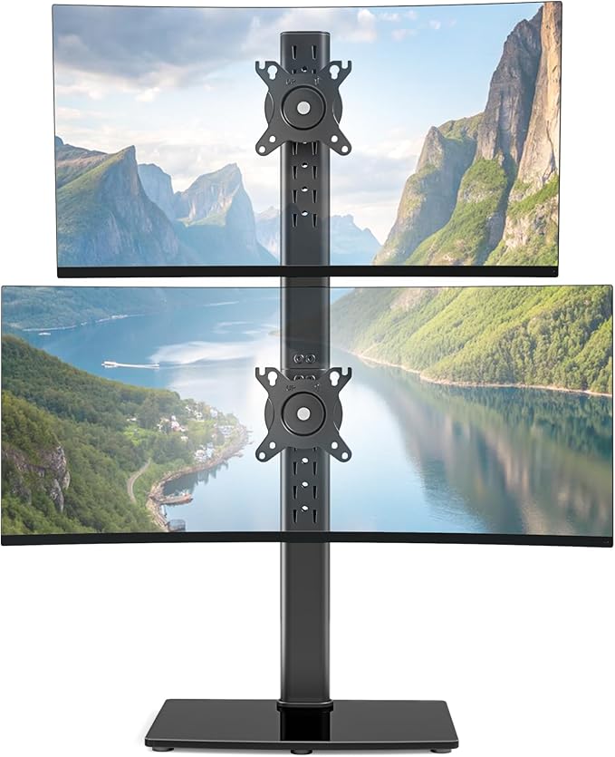 Pegzone Vertical Dual Monitor Stand for 17–34 Inch Screens, Stacked Monitor Mount, Holds up to 33 lbs per Arm, Tabletop Screens Riser with Full Motion, 33.3" Pole 12 Height Settings, 75/100 VESA