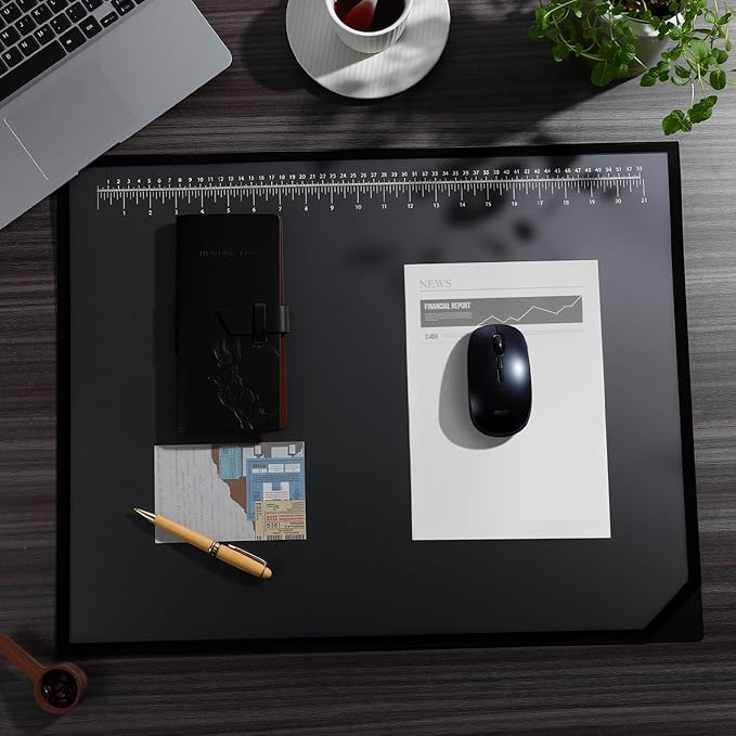 Colingmill 24" x 19" Black Desk Pads Desktop Organizer with Clear Overlay Desk Mat with Metric and English Rulers on Overlay for Office and Home (Ruler)