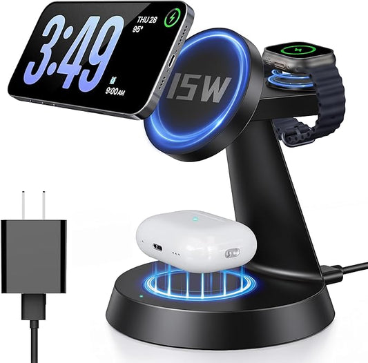 iPhone Charging Station 3 in 1 Wireless Charger for Apple Devices, 15W MagSafe Stand Compatible with iPhone 17 16 15 14 13 12 Pro Max Plus, Charging Dock for AirPods 4 3 2 & iWatch Series (Black)