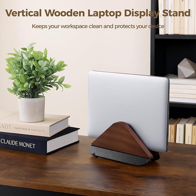 Adjustable Laptop Stand, Wooden Vertical Desktop Holder, Black Walnut, Tablets & E-Book Compatible, Anti-Scratch & Non-Slip, Max 1 in