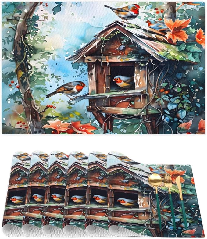 Placemats Set of 4 Heat-Resistant Rectangle Place Mats Robin Christmas Xmas Washable Plastic PVC Dining Table Mat Non-Slip Wipeable Woven Vinyl Placemat for Kitchen Patio Table Decor