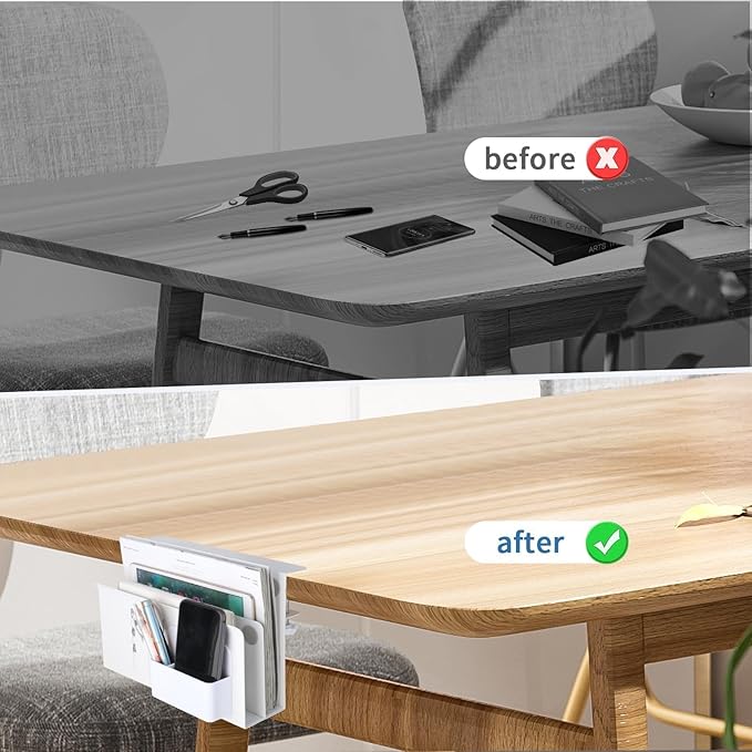 2 Tier Desk Side Storage Organizer, Under Desk Laptop Holder with Magnetic Pen Holder, No Drill Hanging Desk Caddy for Office and Home, Clamp On Desk Shelf for Tablet, Files,Accessories (White)