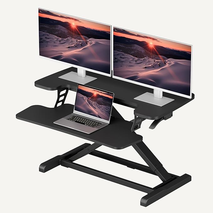 SANODESK 32" Height Adjustable Standing Desk Converter, Desk Riser Sit Stand Workstation for Home Office Laptop & Dual Monitor Setup, Ergonomic Lift Platform, Black