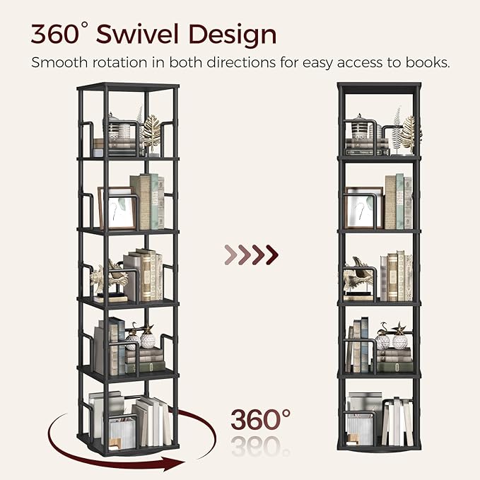MAHANCRIS 5-Tier Rotating Bookshelf, Freestanding Corner Bookshelf, 360° Spinning Bookcase, Industrial Style Storage Rack with Rails, for Living Room, Bedroom, Study, Black BKBK1601