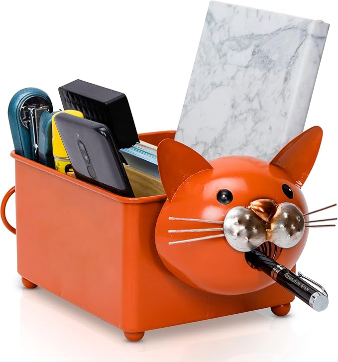 Made Easy Kit Desk Organizer, 1-5 Module Compartments - Storage for Stationery Supplies, Accessories, brushes - Home, Office, School, Dorm, Studio - Build in Pen & Pencil Holder (Orange Cat)