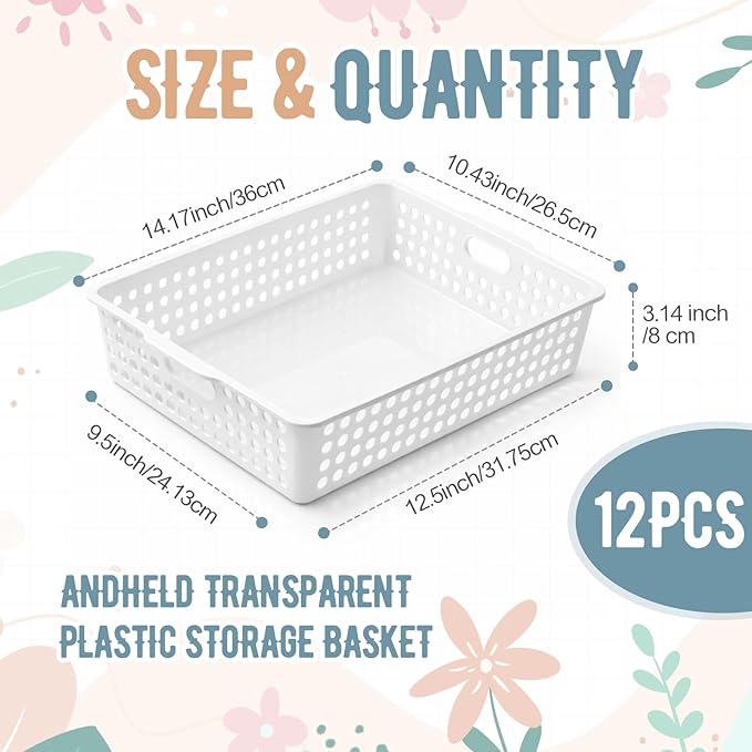 Geetery 12 Pack Classroom Storage Baskets with Handle 14''x10'' Paper Tray Holds A4 Turn in Trays Plastic Paper Baskets Desk Organizer Bin for Classroom, Library, Office, Home (White)