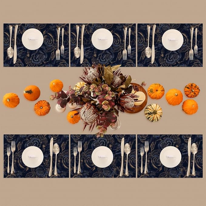 Placemats Set of 4 Heat-Resistant Rectangle Place Mats Black Flower Rose Washable Plastic PVC Dining Table Mat Non-Slip Wipeable Woven Vinyl Placemat for Kitchen Patio Table Decor