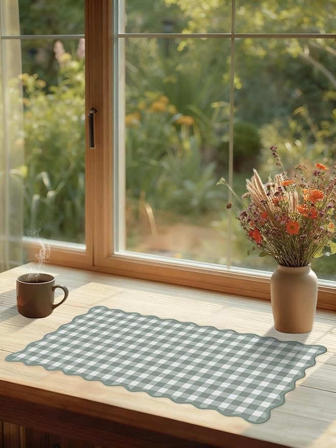 Scalloped‌ Sage Green Checkered Desk Mat Cute Pastel Large Gaming Mouse Pad Gingham Kawaii Cottagecore ‌Vintage‌ Girly Keyboard Computer Mat Aesthetic Desk Pad Accessories Office Decor for Women
