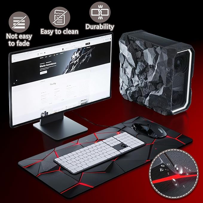 Gaming Mouse Pad - (31.5"×11.8") Honeycomb Large Mouse Pads for Desk - Desk Mat for Keyboard and Mouse with Non-Slip Base, Desks Pad Matfor Game/Office & Home（Black Red）