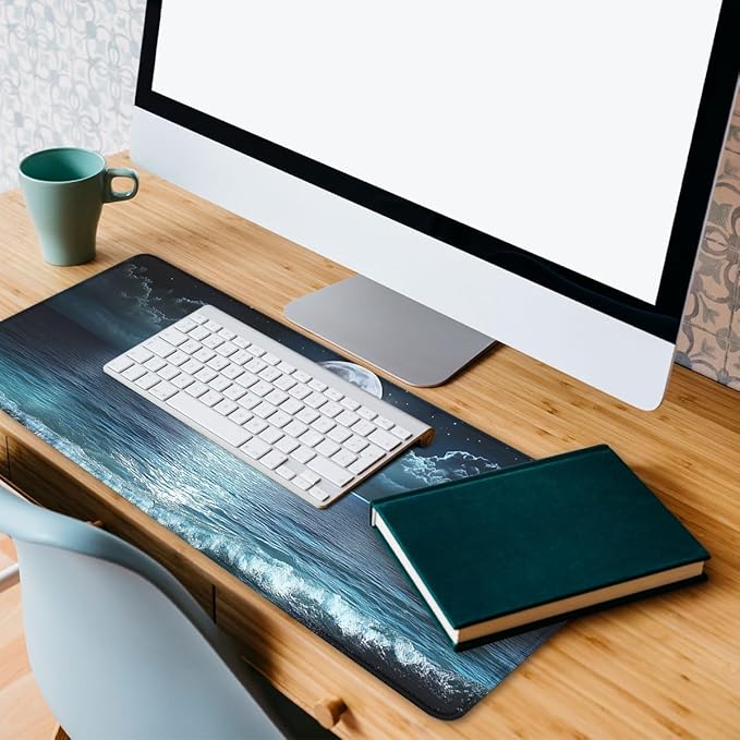 Night Beach Gaming Mouse Pad Moonlit Ocean Mystic Sea Large Gaming Mouse Mat with Stitched Edges,Non-Slip Waterproof Rubber Base Mous Mat 31.5"x11.8"