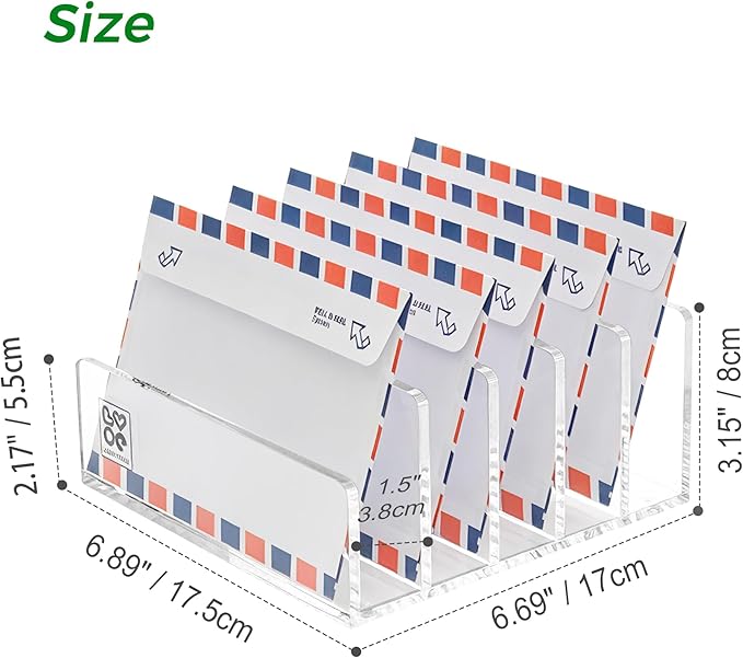 Lovemolly 5-Slot Clear Acrylic Mail Holder – Vertical Letter Sorter & Desk Organizer for Bills, Envelopes & Notebooks, Compact 6.88 x 6.69 x 3.93 in