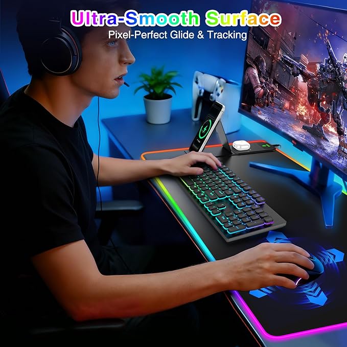 XXL RGB LED Gaming Mouse Pad with Magnetic Wireless Charger & Foldable Phone Holder, 31.5"x15.8" Extended Ultra-Smooth Desk Mat, 25 Lighting Effects, Non-Slip Base