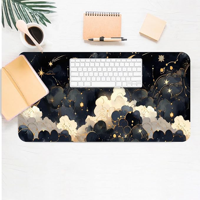 Cute Desk Mat, Black Gold Cloud Moon Large Mouse Pad for Desktop, PU Leather Waterproof Desk Pad, Anti-Slip Computer PC Laptop Protector Gaming Mouse Pads for Office Home Decorations