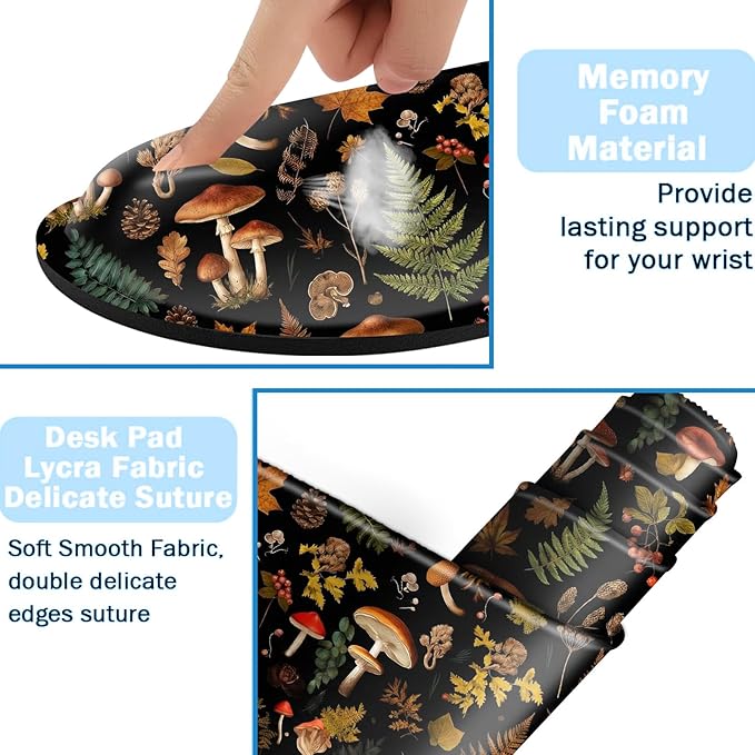 Ergonomic Mouse Pad Set with Wrist Support for Keyboard and Wrist Rest for Mouse, Memory Foam Comfort, Non-Slip Large Desk Mat for Home Office Pain Relief,Vintage Mushrooms Forest