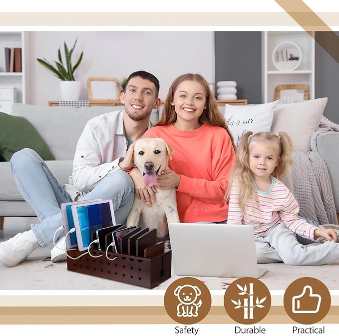Bamboo Charging Station for Multiple Devices, Cell Phone Docking Charging Station Organizer and Cord Organizer for 10 Devices for Power Strip Storage, Phones and Tablets(Brown)