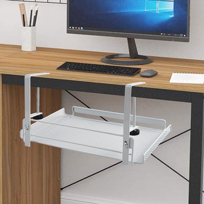 Adjustable Under Desk Cable Management Tray, 4.5-8.5cm Height Carbon Steel Wire Organizer Shelf for Office Home, No Drill Hanging Cord Holder Rack, Black or White(White L)