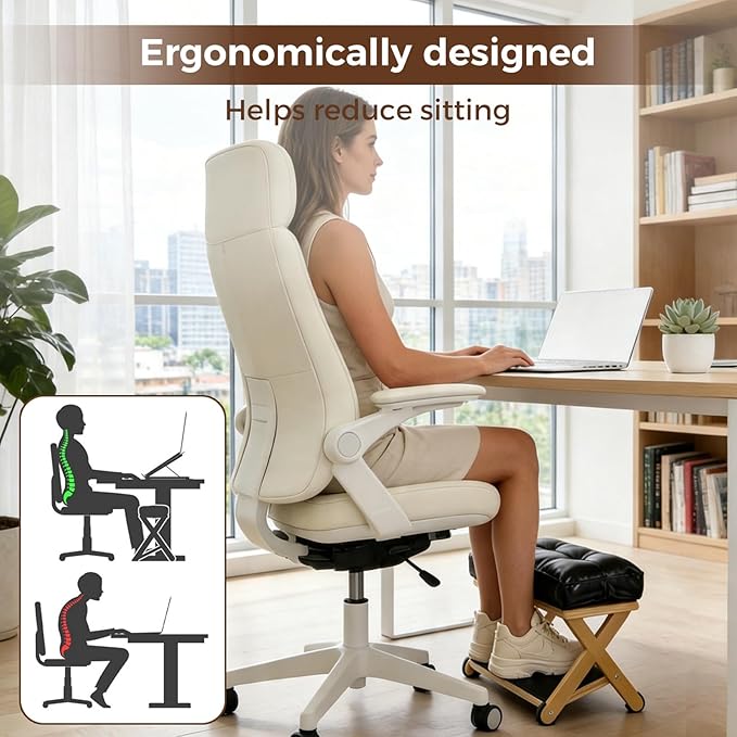 Double Step Foot Rest Under Desk, Ergonomic Foot Stool with Cushioned Top & Non-Slip Surface, Wooden Under Desk Footrest for Work, Office Chair, Home & Gaming