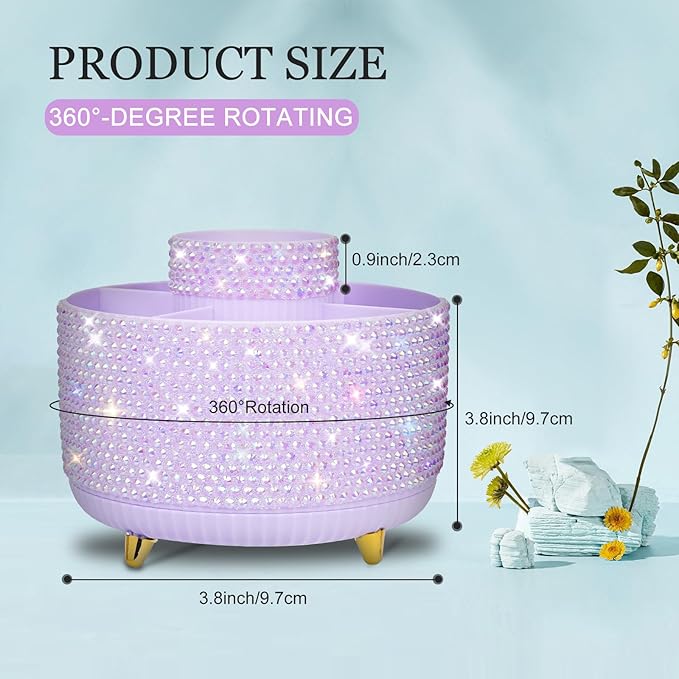 Bling Purple Phinestone Desk Organizer with 5 Slots 360 Degree Rotating，Bling Pen Holder Makeup Brush Holder for Women, Silver Rhinestone Office Accessories(Purple)