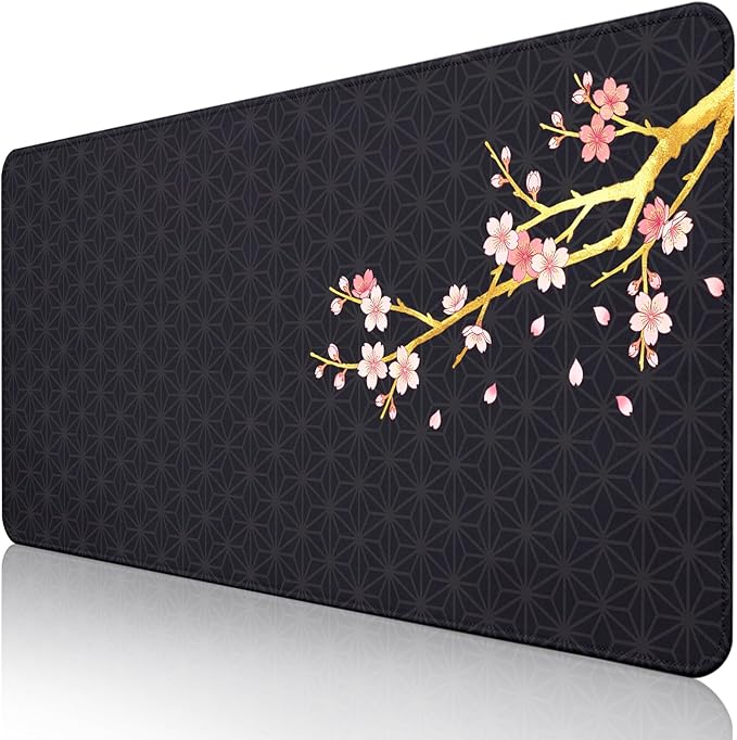 Black Cherry Blossom Mouse Pad Large 35.4×15.7 Pink Floral Japanese Desk Mat for Women, Non-Slip Water-Resistant Keyboard Pad for Home Office Gaming