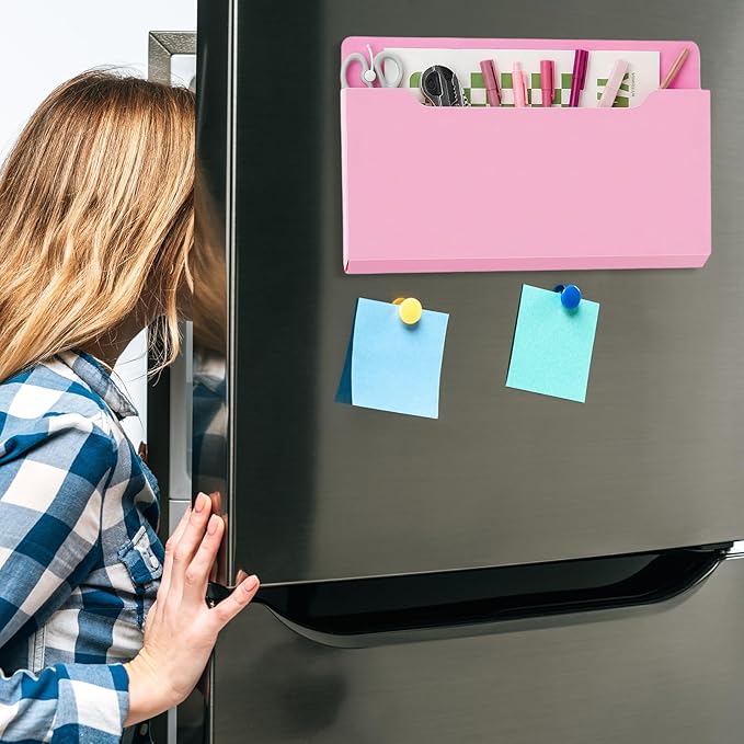 Feifeiya 2 Pcs Magnetic File Folder Wall Hanging Holder Large Pocket Paper Magazine Mail Organizer for Refrigerator Classroom Locker Whiteboard(Horizontal,Pink Color,13.8 x 8.3 Inches)