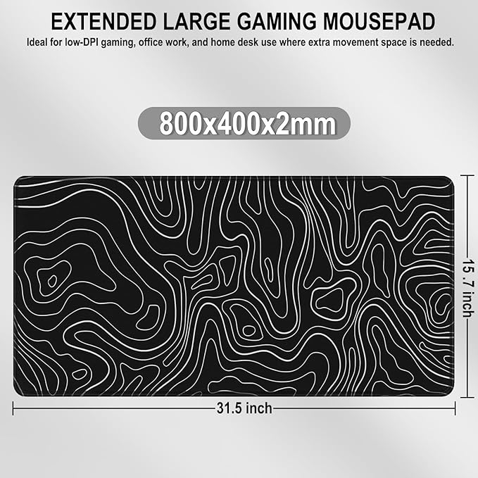 Mousepad, 31.5 x 15.7 in Large Gaming Mouse Pad with Stitched Edge, Extended Desk Mat with Non-Slip Rubber Base Water Resist Keyboard Pad for Office Game Home XXL, Black White Lines