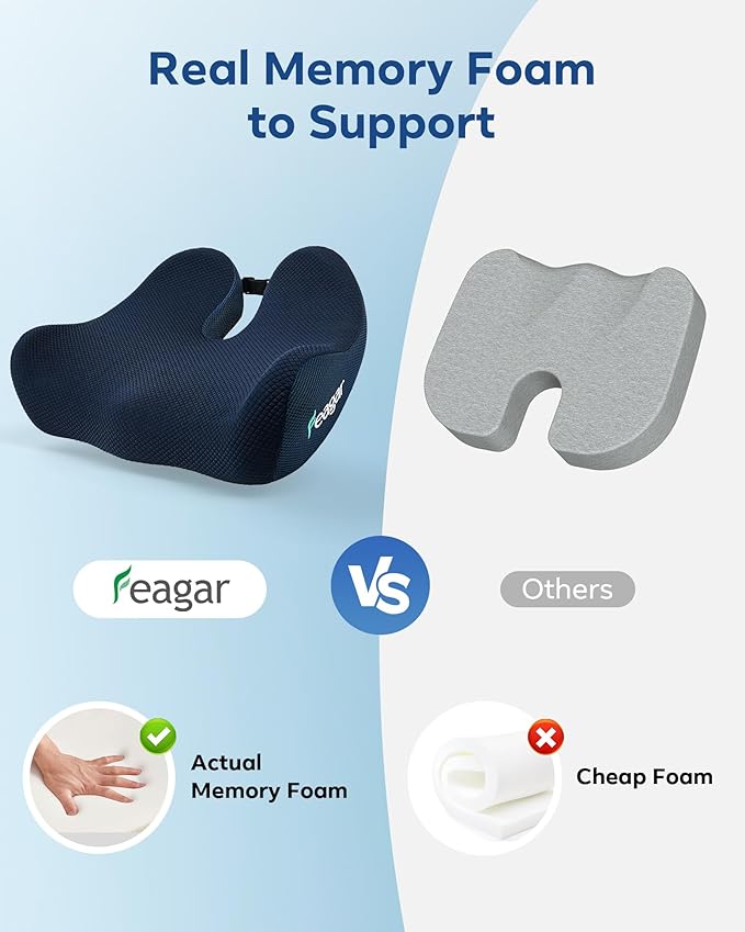 Feagar Seat Cushion for Office Chair - Memory Foam Tailbone Cushion for Desk Chair, Car Seat and Wheelchair - Ergonomic Chair Pad for Hip and Lower Back Comfort - Washable Mesh Cover Blue