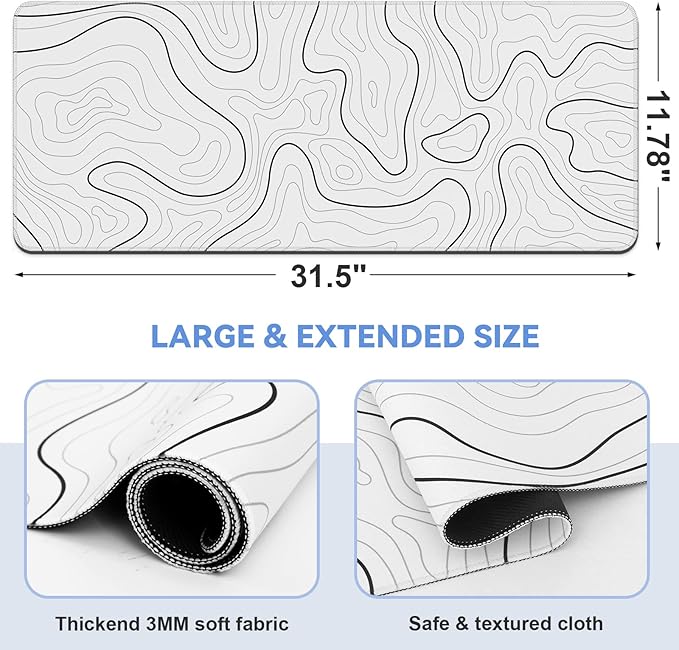 DIGSOM Mouse Pad Gaming Mousepad 31.5 x 11.8 in Large Mouse Pad for Keyboard and Mouse with Anti-Slip Rubber Base, Keyboard Pad XL Mouse Mat for Home and Office(White with Black Topographic Line)