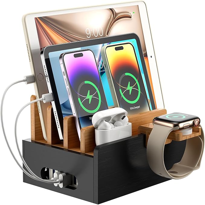 Pezin & Hulin Bamboo Charging Station for Multiple Devices with 5 Port USB Charger,5Cables,Smart Watch&Earbuds Stand, Desk Docking Stations Electronic Organizer for Cell Phone,Tablet (Natural + Black)
