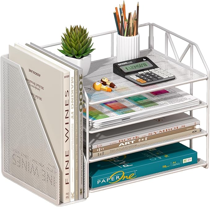 4-Tier Paper File Organizer with Drawer, Metal Desk Organizer, Tiered Paper Tray for Letter/A4 Files, Desktop Office Supplies Storage Rack, White