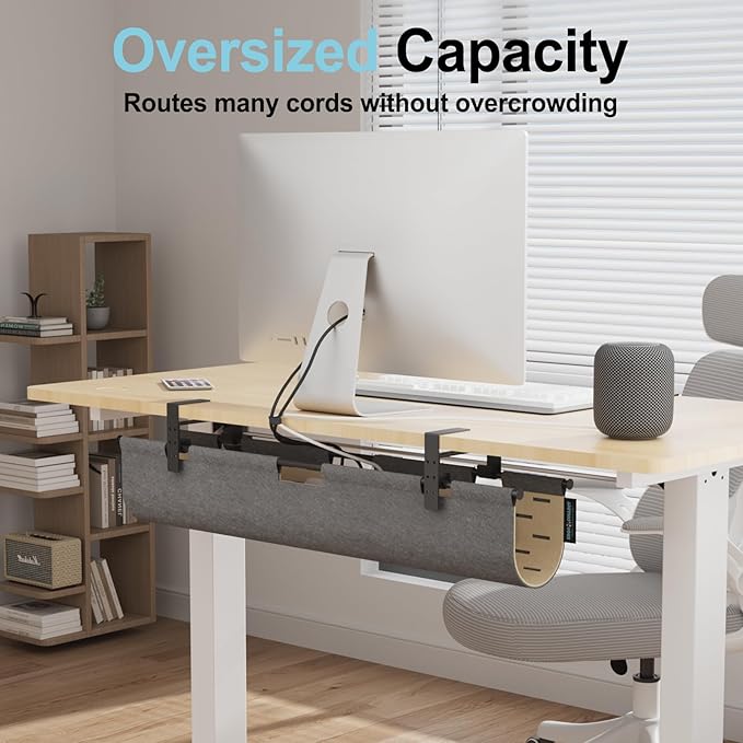 No Drill Under Desk Cable Management Tray, 30" Felt Cord Organizer for Table, Clamp/Screw Mount Wire Management with Privacy Panel for Standing Desk & Home Office (Gray/Khaki)