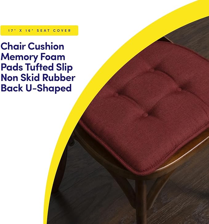 Sweet Home Collection Chair Cushion Memory Foam Pads Tufted Slip Non Skid Rubber Back U-Shaped 17" x 16" Seat Cover, 4 Count (Pack of 1), Wine Burgundy