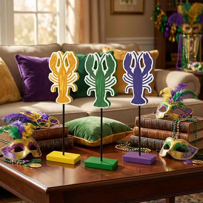 Smile Mardi Gras Wooden Block Decor, Colorful Crawfish Blocks, Mardi Gras Indoor Decoration