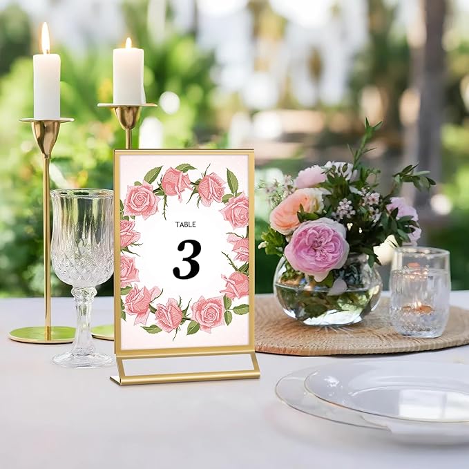 Petallush 6PCS Gold Acrylic Picture Frame Stands Holders for Tables Display 5x7, Double Sided Acrylic Wedding Table Number Sign Holder, Clear Menu Flyer Paper Holder for Wedding Party Decor