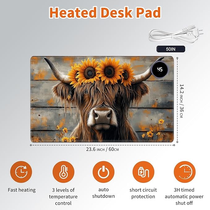 Heated Mouse Pad,Warm Desk Pad with 3 Levels Heating & 3 Hours Auto Shut-Off, PU Leather Heated Desk Pad Warmer Pad for Home Office - 23.6 x 14.2 inch,Highland Cow Wood Grain