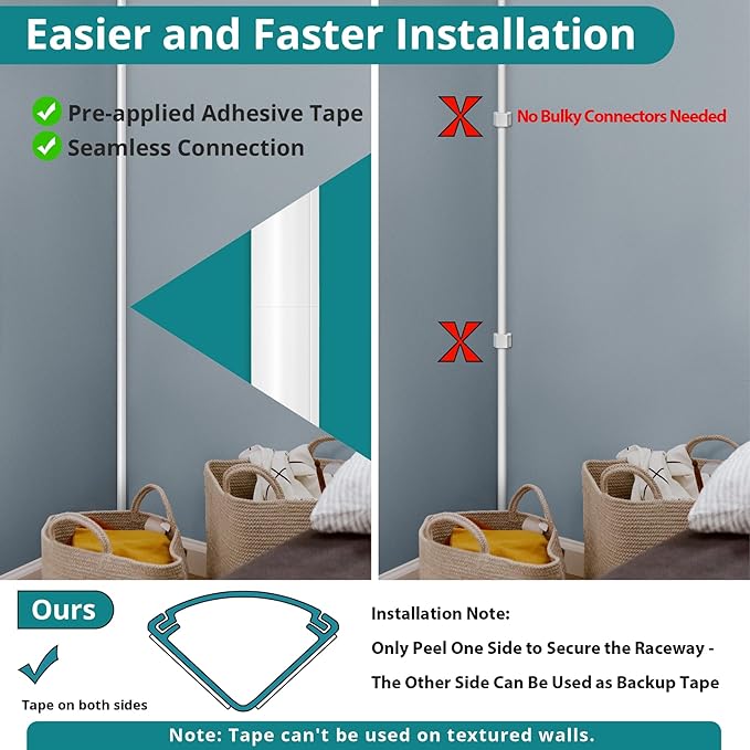 85in Corner Cable Concealer, One-Cord Corner Duct, Paintable Cord Cover, Cable Management Channel for Wall, Floor Baseboard, Ceiling, Black