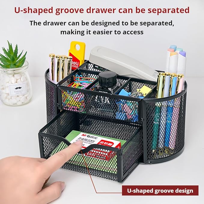 Wire Mesh Desk Organizer, Black Pen Holder and Desk Organizer with Compartments, Desk Drawer Organizers and Accessories for Office School Home Supplies Teacher Students