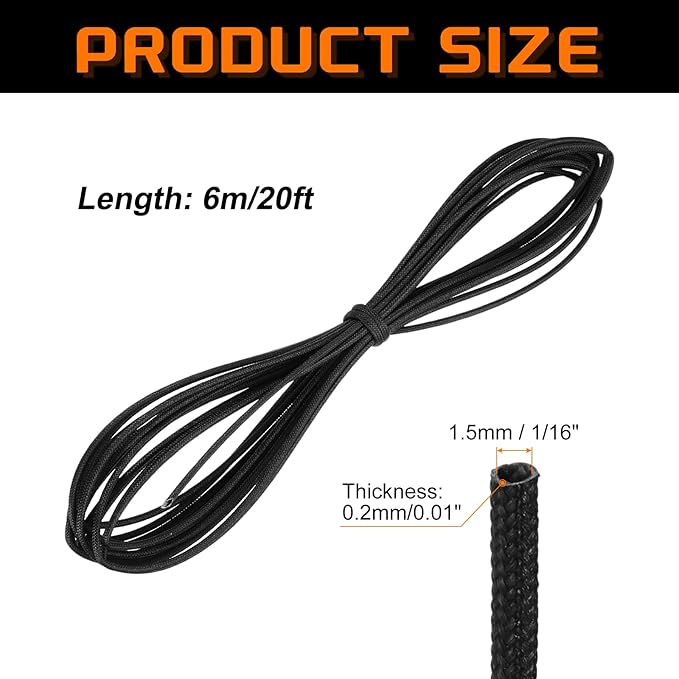 MECCANIXITY 20ft Braided Cable Sleeve, 1/16" ID 200C Heat Resistant 1500V Fiberglass Wire Insulation Cord Protector Organizer Wires Management for Motor Engine Fuel Line, Black