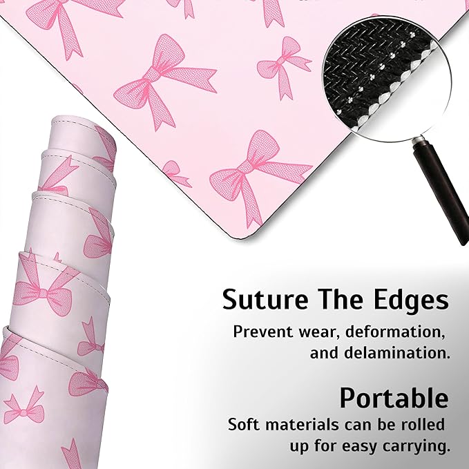 Pink Bow Mouse Pad,35.4 x 15.7 Inch Large Mouse Mat Non-Slip Rubber Stitched Edges for Writing Desk,Office,Home,Laptop