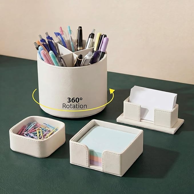 4 Pcs Rotating Leather Pen Holder Organizer Office Desk Accessories Set with Business Card Sticky Note Holder Paperclip Storage Desktop Storage Supply for Teacher Back to School Gift(Beige)