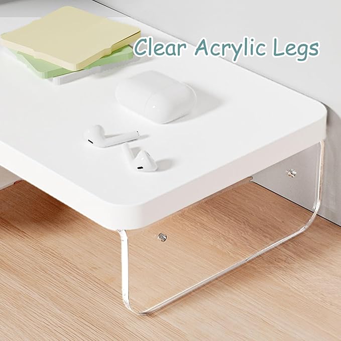 ROYUMI Corner Monitor Stand Clear Acrylic Leg ＆ Wood Corner Screen Stand, L-Shape Desk Triangle Riser for Monitor/Laptop/Computer, Corner Organizer with Drawer (Color : White)
