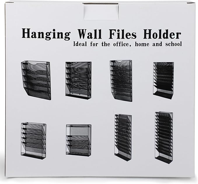3 Pockets Mesh Wall File Holder Organizer with Bottom Flat Tray, Office Hanging File Folder Magazine Rack, Nametag Label Hooks Set Included, Black