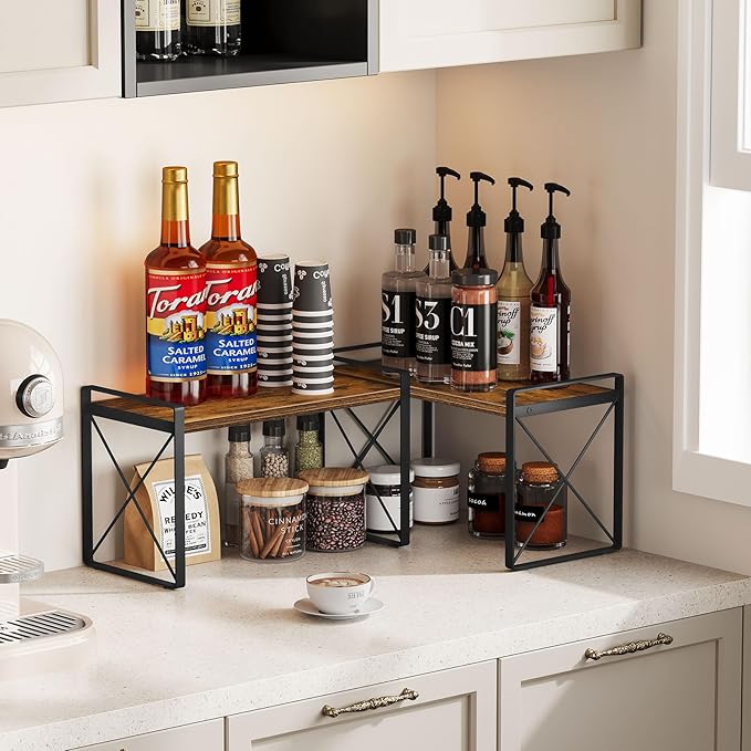 Giikin Kitchen Countertop Organizer, Set of 2 Kitchen Counter Shelf, Spice Rack Riser Shelf for Cabinet Desk Counter (7.8" D x 15.7" W x 18.8" H, Rustic Brown)