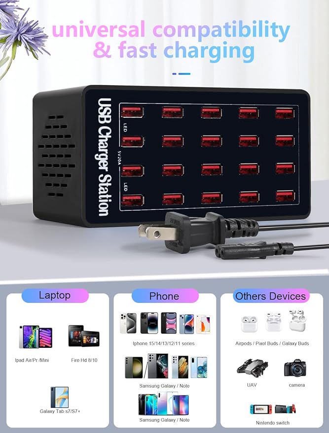 USB Charging Station,100W 20-Port Multi Smart Safety Fast Charger Station for Phone Tablet Watch Headphone PS, Compact Desktop Charger Home Office Travel