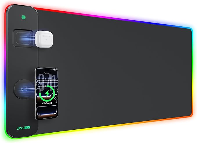 3-in-1 RGB Gaming Mouse Pad with Wireless Charging for Phone/AirPods, 31.5"x15.8" Large, 24 Light Effects, Non-Slip Base, Waterproof Ultra-Smooth Surface, No Adapter