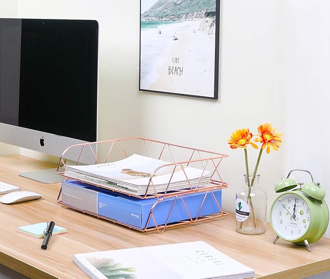 TQVAI 2 Packs Desktop File Organizer Metal Stackable Horizontal Letter Tray Paper Holder Rack,Paper Sorter Desk Organizer for Office/Home/Classroom/School,Rose Gold